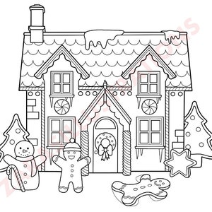 Christmas Gingerbread House Illustration, Colouring Page, PDF Download