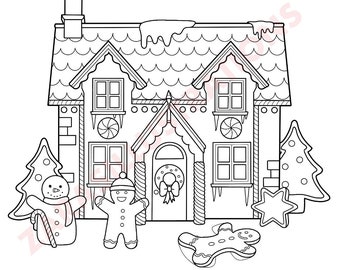 Christmas Gingerbread House Illustration, Colouring Page, PDF Download
