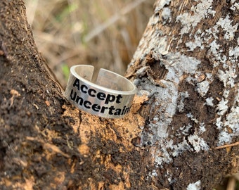 Awareness silver ring accept uncertainty dainty ring for men or women engraved ring meaningful ring quote ring message ring inspiration ring