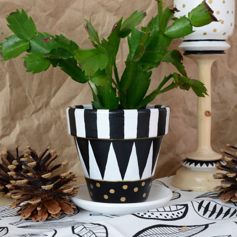 4 Hand painted black and white flower pot Hand painted Etsy