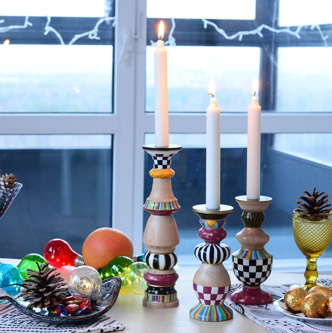 Hand painted wooden candle holder handmade Bright handmade Etsy