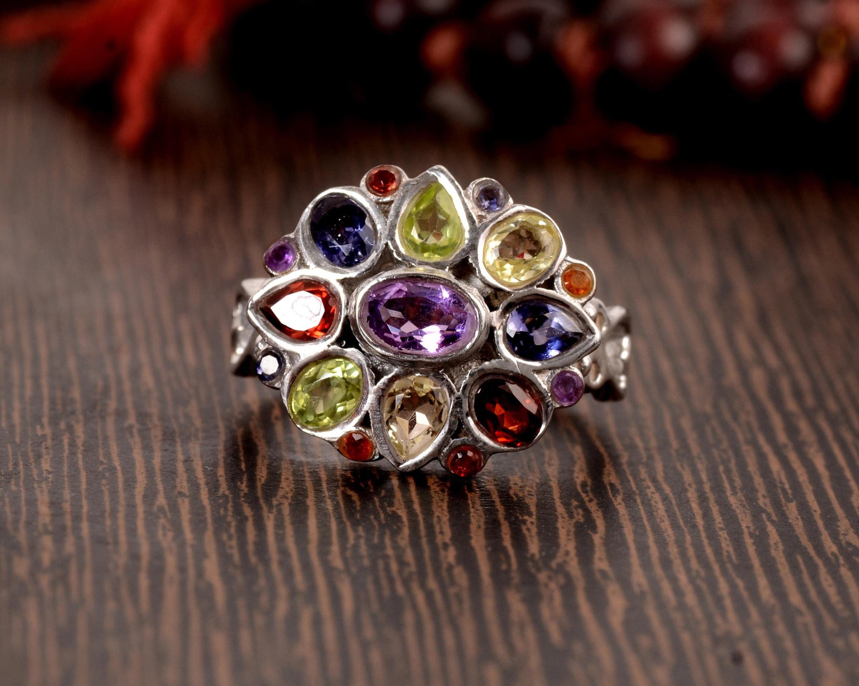 Natural Multi Stone Ring 925 Sterling Silver Handmade Ring Etsy
