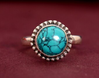 Turquoise Ring, 925 Sterling Silver, Round Shape Turquoise Ring, Turquoise Boho Ring, Vintage Turquoise Ring, Handmade Ring, Ring For Her