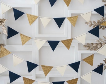 Navy blue garland, gold garland, glitter gold banner, gold wedding decorations, gold birthday decorations, blue bunting, gold bunting