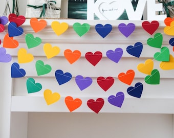 Rainbow heart garland, Valentines day garland, Valentines day banner, rainbow paper garland, rainbow paper decorations, gay backdrop