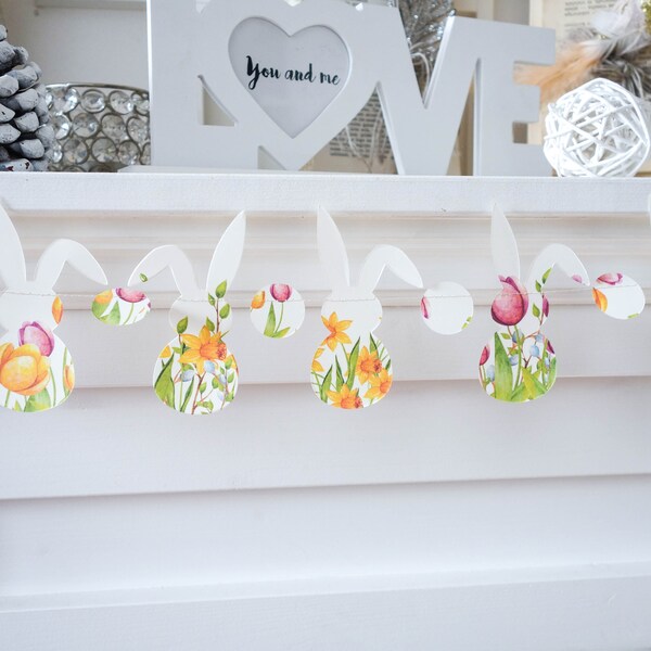 Bunny garland, Easter decorations, Easter bunny decor, easter garland, bunny decorations, spring garland, tulip garland, flowers garland