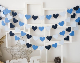 Blue heart garland, dusty blue decorations, dusty blue wedding decorations, blue baby shower decorations, navy blue birthday garland