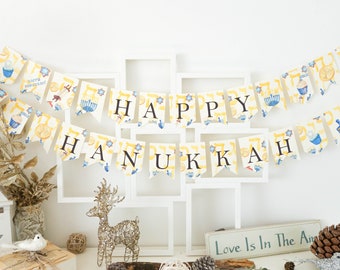 Happy Hanukkah banner, Hanukkah decorations, Jewish party banner, Jewish garland, Jewish paper decorations, Hanukkah home decorations