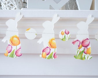 Bunny garland, Easter decorations, Easter bunny decor, easter garland, bunny decorations, spring garland, tulip garland, flowers garland