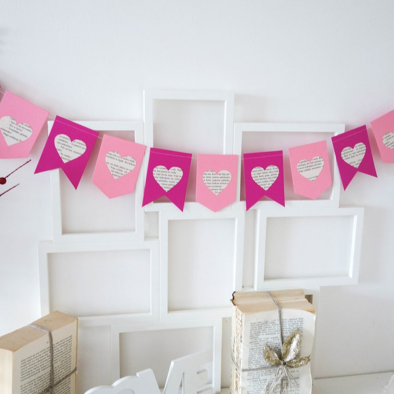 Valentines day banner, Valentines day garland, pink wedding banner, heart banner, pink heart banner, pink bridal shower banner, heart decor image 2