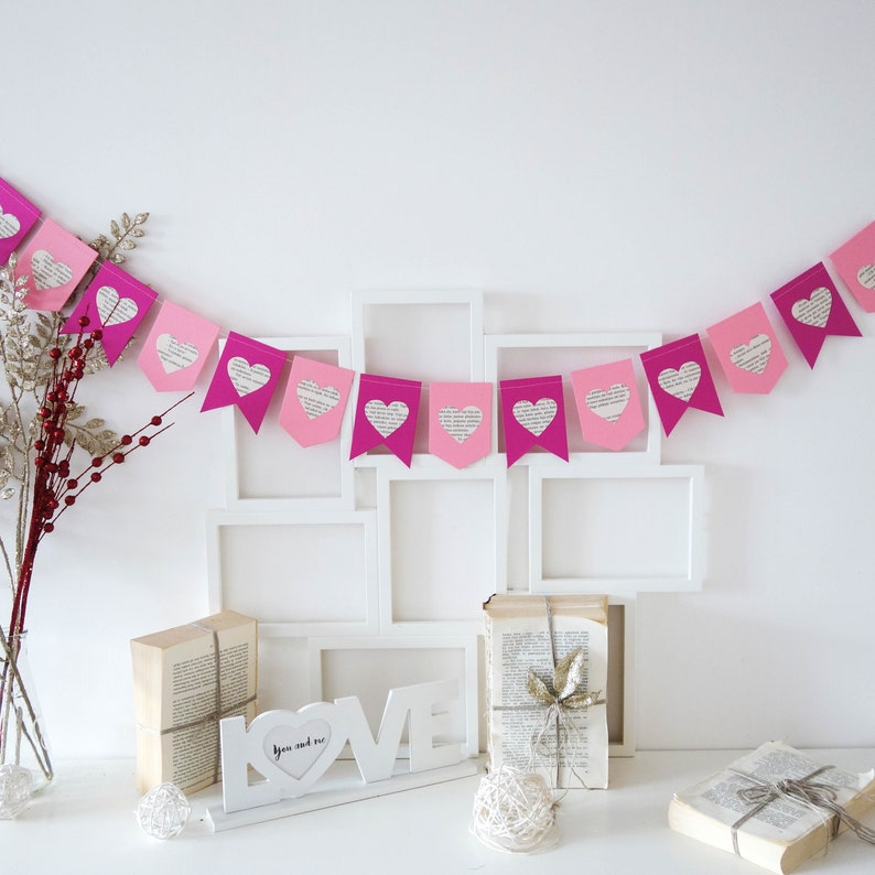 Valentines day banner, Valentines day garland, pink wedding banner, heart banner, pink heart banner, pink bridal shower banner, heart decor image 1