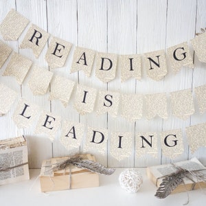 Reading is leading banner, read banner, read bunting, book wedding garland, book banner, read bunting, book shelf decorations, book banner