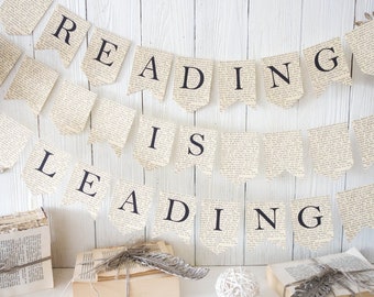 Reading is leading banner, read banner, read bunting, book wedding garland, book banner, read bunting, book shelf decorations, book banner