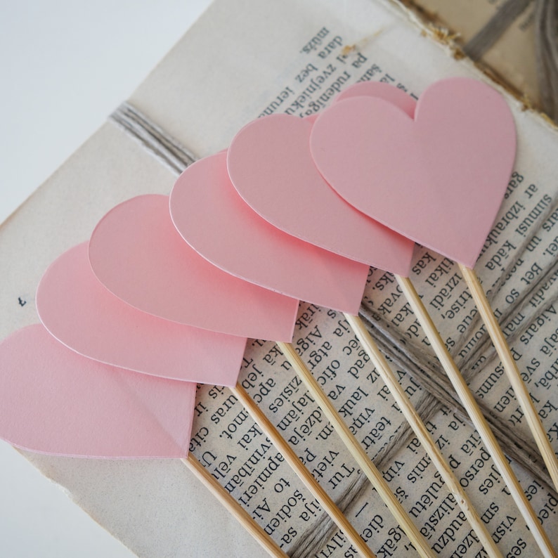 Pink heart toppers, pink cupcake toppers, wedding cupcake toppers, heart cupcake toppers, pink wedding decorations, pink heart aisle decor image 1