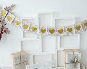 Gold heart garland, glitter banner, glitter bunting, gold wedding decorations, gold birthday banner, gold bridal shower banner, heart decor