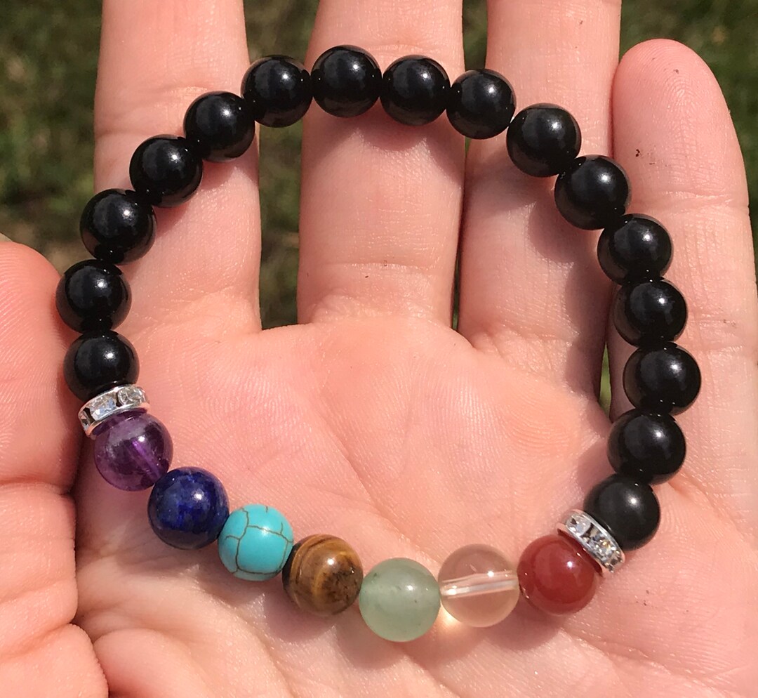 Black Obsidian Beaded Chakra Bracelet for Women and Men / Reiki Charged