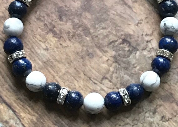 Genuine Lapis Lazuli and White Howlite Crystal Gemstone 8mm Bead