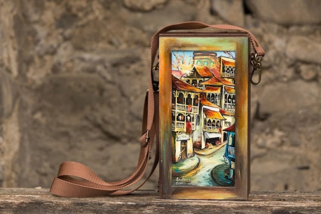 Wooden Crossbody Bag With 2 Wine Glasses. in Front Part With Original