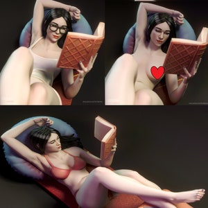 May include: A woman is lying on a lounger reading a book. She is wearing a white vest top and has long black hair. The lounger is blue and has a red cushion. The book is brown and has a checkered pattern.