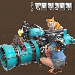 May include: A blue and silver motorcycle with a large exhaust pipe and a female figure sitting on the back. The motorcycle has a brown leather bag attached to the side and a small dog sitting on the seat. The text "KUTON" is visible on the motorcycle.