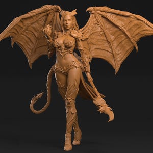 May include: A detailed sculpture of a female demon with large, textured wings. The figure is in a dynamic pose, wearing ornate armor and holding a staff. The sculpture is a warm brown color, with intricate details throughout the design.