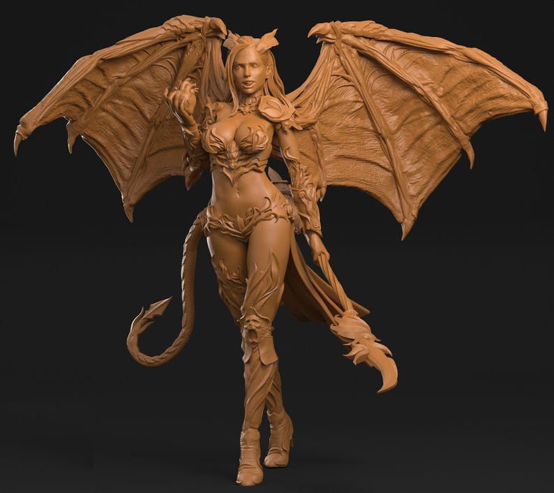 May include: A detailed sculpture of a female demon with large, textured wings. The figure is in a dynamic pose, wearing ornate armor and holding a staff. The sculpture is a warm brown color, with intricate details throughout the design.