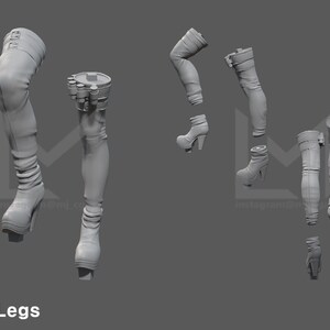 May include: A set of 3D printed model legs for a female figure. The legs are separated into individual pieces, including the boots, thighs, and calves. The model is made of a light grey plastic.