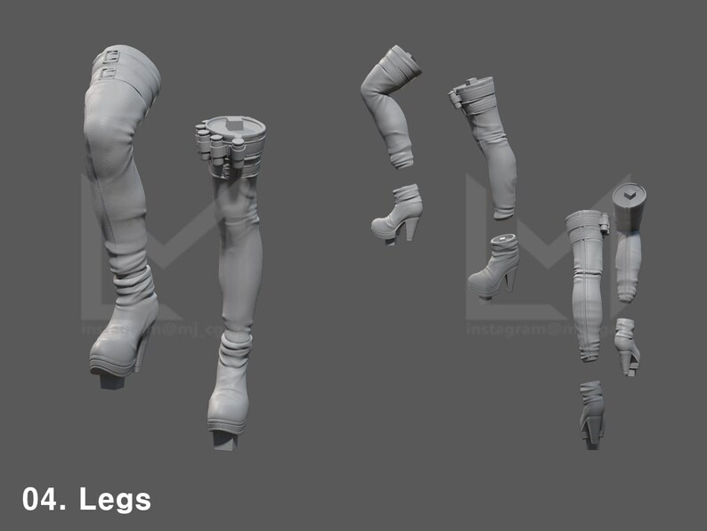 May include: A set of 3D printed model legs for a female figure. The legs are separated into individual pieces, including the boots, thighs, and calves. The model is made of a light grey plastic.