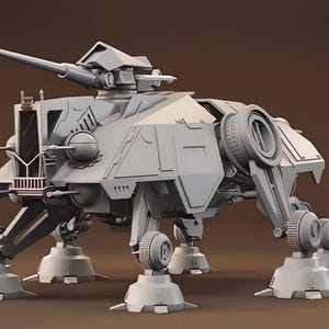 May include: A gray AT-AT walker model, a four-legged combat vehicle with a large cannon on top. The model has detailed mechanical features, including leg joints, wheels, and a cockpit area. The background is a solid brown.