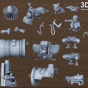 K&ouml;nnte beinhalten: 3D-druckbarer Modellbausatz einer futuristischen Motorrad, einer weiblichen Figur und verschiedenen Motorteilen. Der Modellbausatz ist in grauem Kunststoff gedruckt und bereit zum Zusammenbauen.