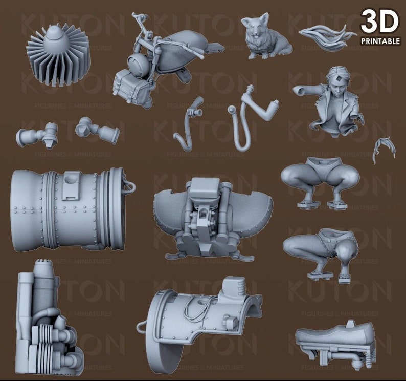 K&ouml;nnte beinhalten: 3D-druckbarer Modellbausatz einer futuristischen Motorrad, einer weiblichen Figur und verschiedenen Motorteilen. Der Modellbausatz ist in grauem Kunststoff gedruckt und bereit zum Zusammenbauen.