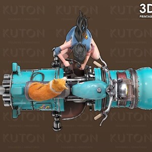 K&ouml;nnte beinhalten: Ein 3D-gedrucktes Modell einer Frau mit langen schwarzen Haaren, die ein blaues und braunes Motorrad f&auml;hrt, auf dem ein kleiner orangefarbener Hund im Beiwagen sitzt. Das Modell ist in mehreren Teilen gedruckt und bereit zum Zusammenbauen.