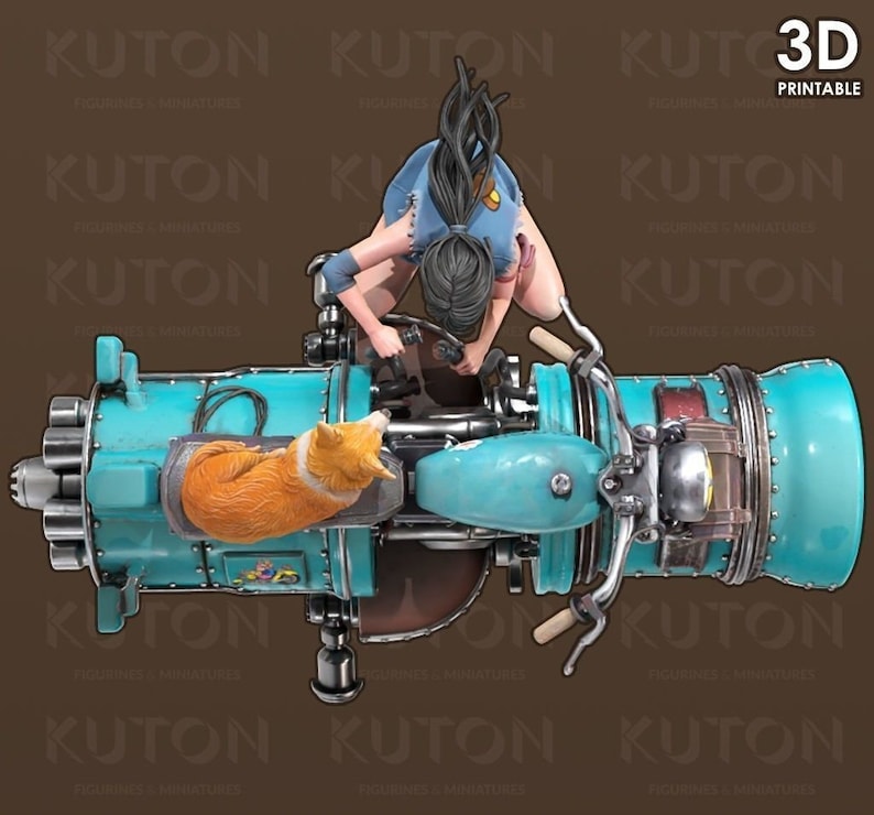 K&ouml;nnte beinhalten: Ein 3D-gedrucktes Modell einer Frau mit langen schwarzen Haaren, die ein blaues und braunes Motorrad f&auml;hrt, auf dem ein kleiner orangefarbener Hund im Beiwagen sitzt. Das Modell ist in mehreren Teilen gedruckt und bereit zum Zusammenbauen.
