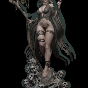 May include: A dark-haired female figure with a crown stands on a base of skulls and skeletal figures. She holds a large scythe with a skeletal hand at the top. The figure is wearing a black dress with a tattered hem and a black belt with a silver buckle.