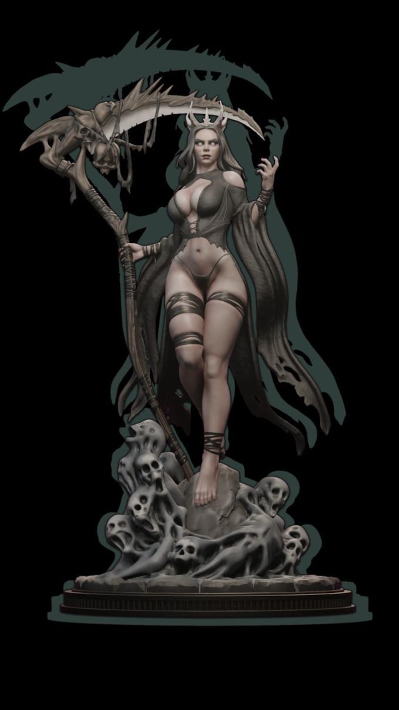 May include: A dark-haired female figure with a crown stands on a base of skulls and skeletal figures. She holds a large scythe with a skeletal hand at the top. The figure is wearing a black dress with a tattered hem and a black belt with a silver buckle.