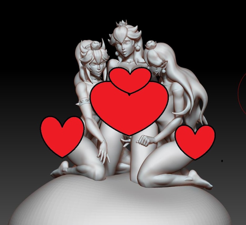 May include: A 3D-printed sculpture of three figures in a kneeling position. The figures have long hair and wear crowns. The sculpture is a light grey colour and is set against a dark background.