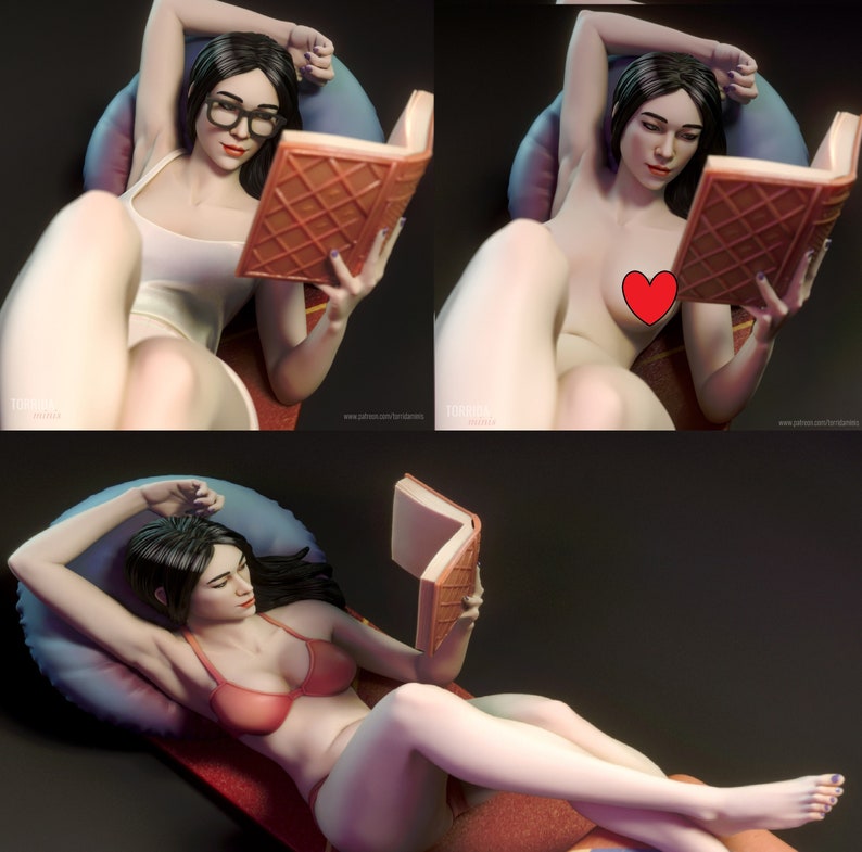 May include: A woman is lying on a lounger reading a book. She is wearing a white vest top and has long black hair. The lounger is blue and has a red cushion. The book is brown and has a checkered pattern.