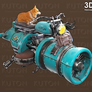 K&ouml;nnte beinhalten: Ein blaues und silbernes Motorrad im Steampunk-Stil mit einem gro&szlig;en Motor und einem braunen Ledersitz. Ein kleiner orangefarbener und wei&szlig;er Corgi-Hund sitzt auf dem Sitz. Das Motorrad hat einen gelben Scheinwerfer und eine braune Ledertasche, die an der Seite befestigt ist.