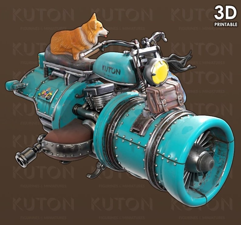 K&ouml;nnte beinhalten: Ein blaues und silbernes Motorrad im Steampunk-Stil mit einem gro&szlig;en Motor und einem braunen Ledersitz. Ein kleiner orangefarbener und wei&szlig;er Corgi-Hund sitzt auf dem Sitz. Das Motorrad hat einen gelben Scheinwerfer und eine braune Ledertasche, die an der Seite befestigt ist.