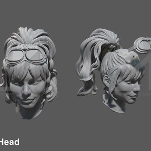 K&ouml;nnte beinhalten: Ein 3D-gedrucktes Modell eines Frauenkopfes mit einem Pferdeschwanz und einer Schutzbrille. Das Modell hat einen neutralen Gesichtsausdruck und eine detaillierte Frisur.