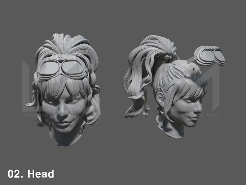 K&ouml;nnte beinhalten: Ein 3D-gedrucktes Modell eines Frauenkopfes mit einem Pferdeschwanz und einer Schutzbrille. Das Modell hat einen neutralen Gesichtsausdruck und eine detaillierte Frisur.