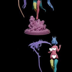 May include: A 3D printed miniature of a female figure with a crown, holding a scythe. The figure is standing on a base with skulls. The figure is painted in shades of pink, blue, and purple.