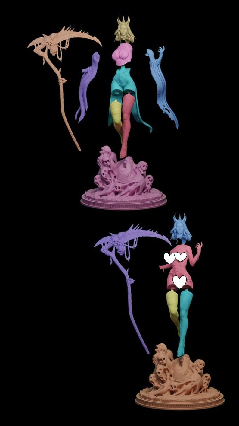 May include: A 3D printed miniature of a female figure with a crown, holding a scythe. The figure is standing on a base with skulls. The figure is painted in shades of pink, blue, and purple.