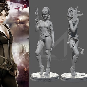 K&ouml;nnte beinhalten: Eine graue 3D-gedruckte Figur einer Frau in einem futuristischen Outfit, die eine Waffe und eine Axt h&auml;lt. Die Figur ist in einer dynamischen Pose mit einem nach vorne gestreckten Bein und dem anderen gebeugten Bein dargestellt. Die Frau tr&auml;gt ein Lederkorsett, einen kurzen Rock und Stiefel bis zum Oberschenkel. Sie hat langes, flie&szlig;endes Haar und einen entschlossenen Ausdruck im Gesicht.