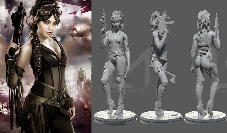 K&ouml;nnte beinhalten: Eine graue 3D-gedruckte Figur einer Frau in einem futuristischen Outfit, die eine Waffe und eine Axt h&auml;lt. Die Figur ist in einer dynamischen Pose mit einem nach vorne gestreckten Bein und dem anderen gebeugten Bein dargestellt. Die Frau tr&auml;gt ein Lederkorsett, einen kurzen Rock und Stiefel bis zum Oberschenkel. Sie hat langes, flie&szlig;endes Haar und einen entschlossenen Ausdruck im Gesicht.