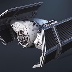 Puede incluir: Modelo 3D detallado de una nave espacial TIE fighter. El modelo es principalmente gris con acentos negros, con paneles solares y una cabina central con interior rojo. Las alas están en ángulo y el diseño general es elegante y futurista.