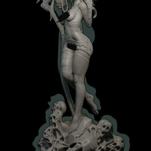 May include: A gray, detailed, 3D printed figurine of a woman holding a scythe. The woman is standing on a base with skulls and bone-like structures.