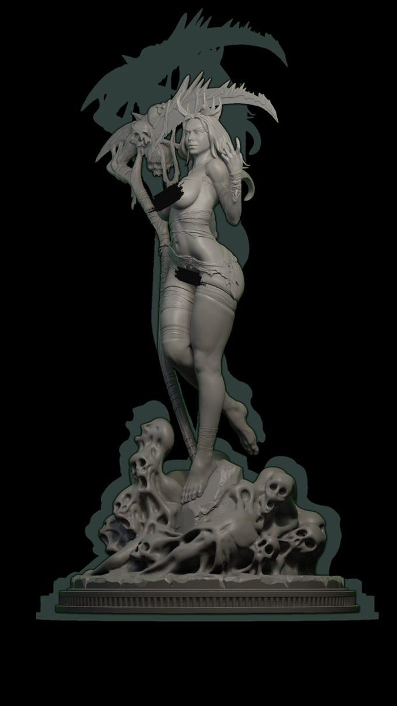 May include: A gray, detailed, 3D printed figurine of a woman holding a scythe. The woman is standing on a base with skulls and bone-like structures.