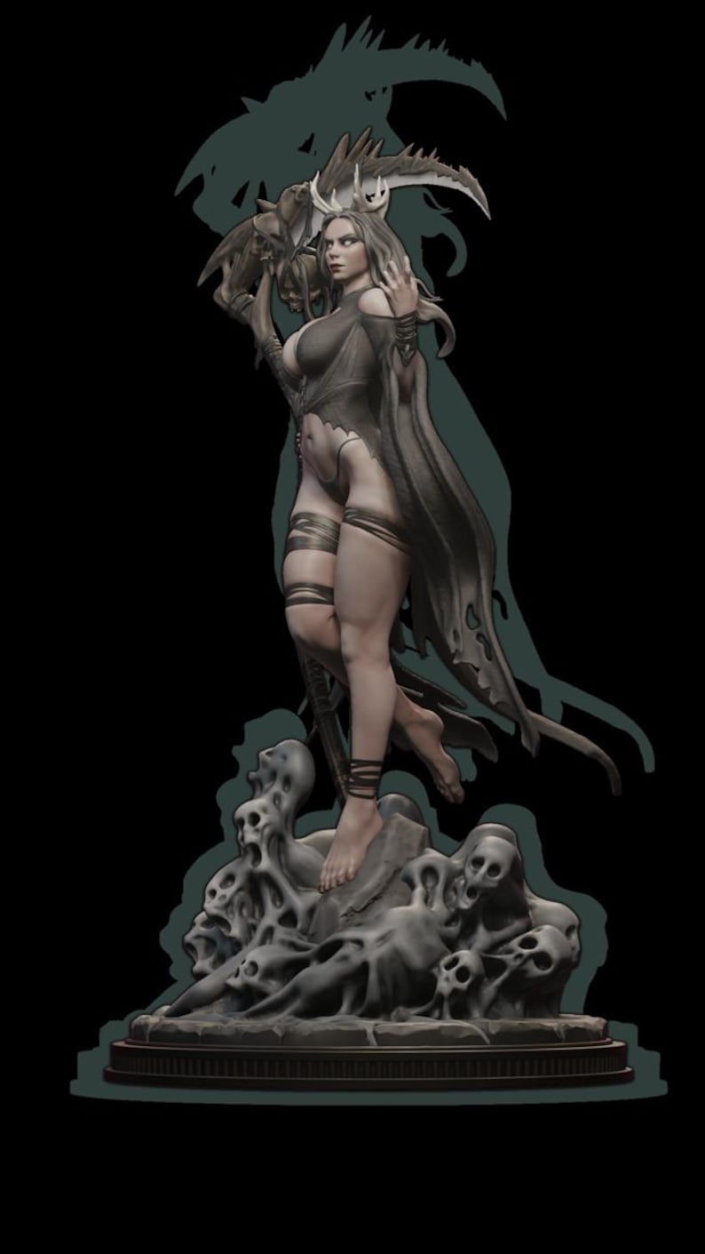 May include: A dark-haired woman in a black dress and cloak stands on a base of skulls. She holds a skeletal scythe in her right hand and a skull in her left hand. The woman has a crown of antlers on her head.