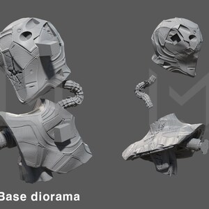 May include: A 3D printed model of a robot head broken into multiple pieces. The head is made of grey plastic and has a detailed design. The model is labelled "06. Base diorama".